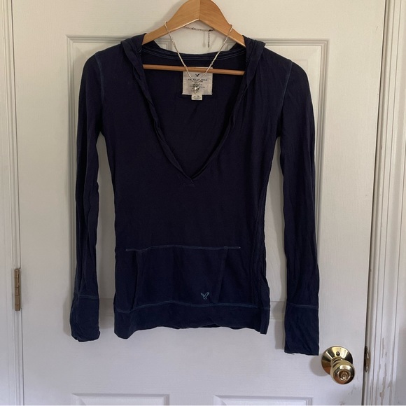 Vintage Y2K AEO Navy Split Neck Popover Hoodie - Picture 5 of 9